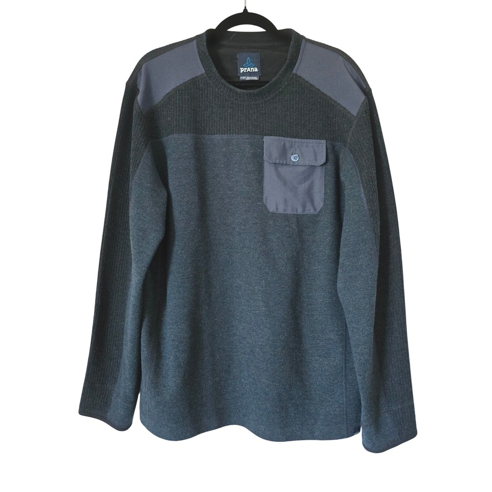 Prana Lonan Mens XL Recycled Wool Blend Crewneck Sweater Gray Blue Pocket